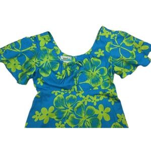 Vtg 1970s Hawaiian Print Maxi Dress Penneys Hawaii Green Blue Acrylic Size XXS